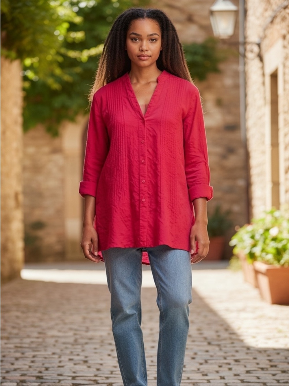 Monsoon Bright Fuchsia Button-Down Pintuck Tunic